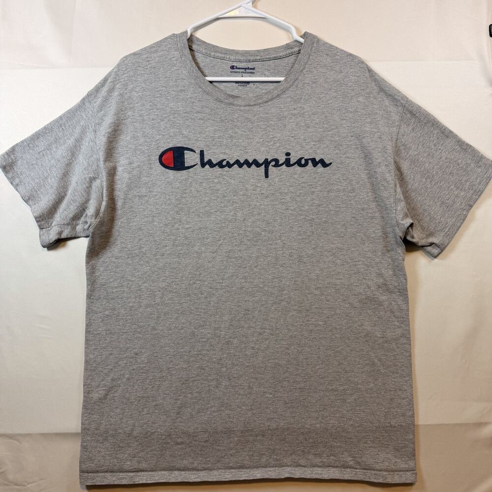 Champion Authentic Athleticwear Gray Script Logo T Shirt Mens Size Large